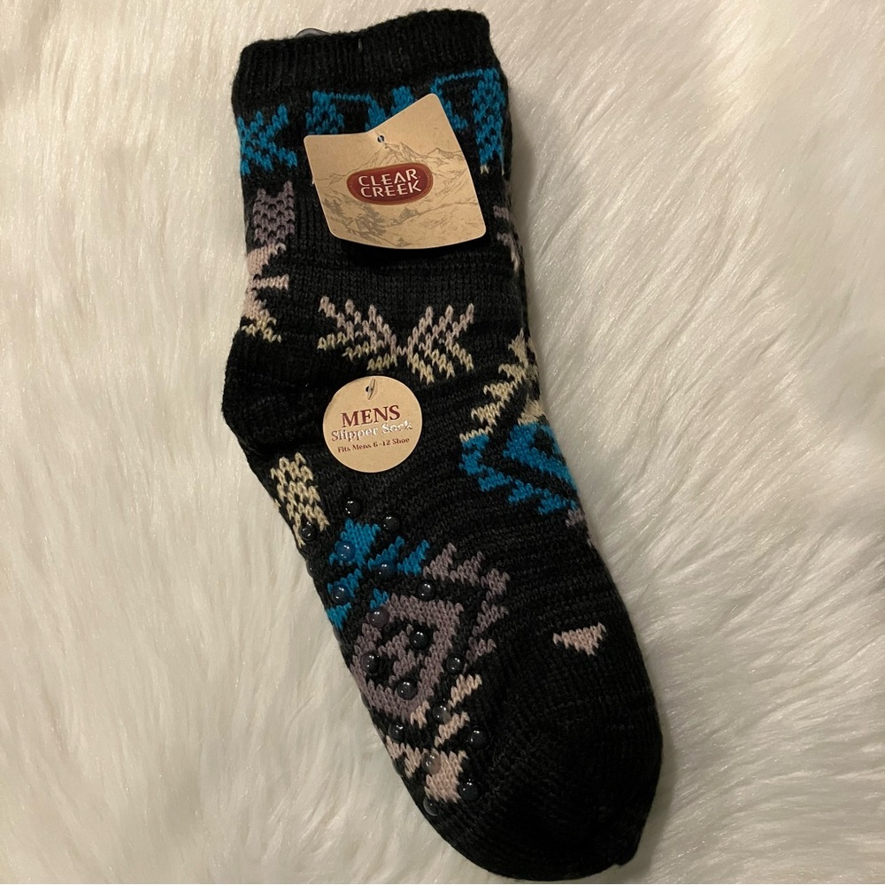 Clear Creek Mens Black & Blue Aztec Design Thick Slipper Socks OS - NEW
